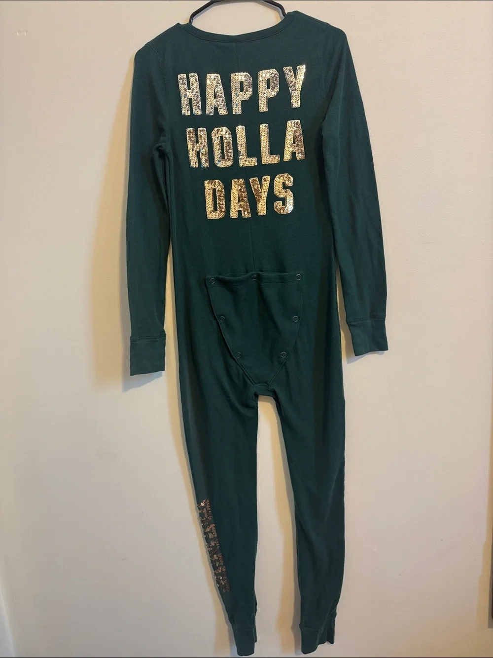 Victoria's Secret Dark Green One-Piece Footie Pajama with Gold Dog Accent - Picture 3 of 3